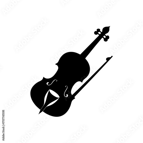 Silhouette of a violin with a bow present on transparent background