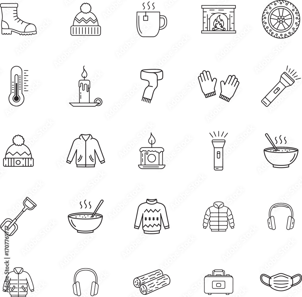 Fototapeta premium Winter Preparation and Cold Weather Safety Icon Set 