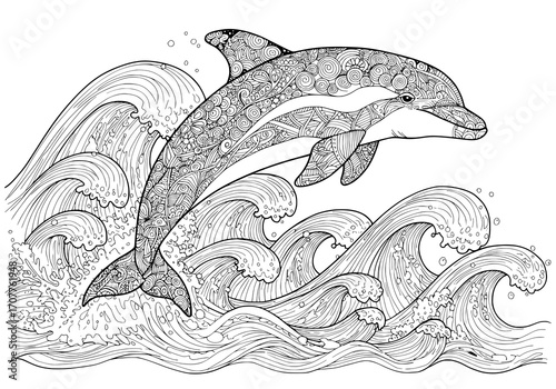 Zentangle Dolphin Leaping from Waves Coloring Page