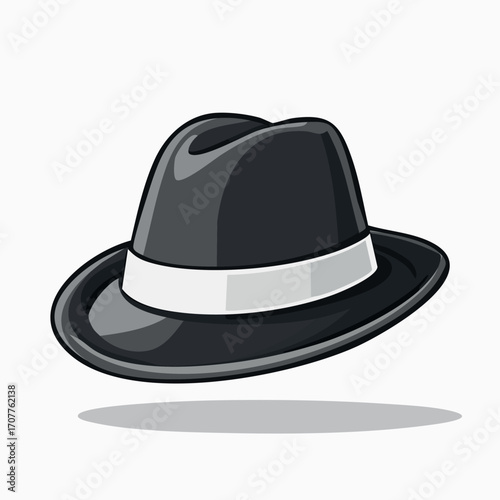 Cartoon illustration of a black fedora hat.