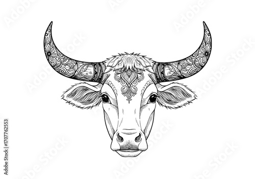 Majestic bull head adorned with intricate mandala patterns on horns and forehead, exuding strength and spiritual artistry
