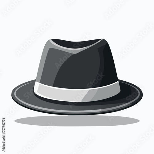 Illustration of a classic black fedora hat with a white band, casting a soft shadow on a white background.