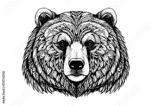 Intricate Bear Head Line Art