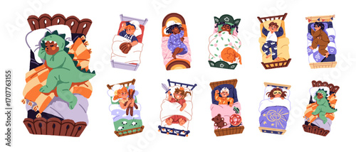 Sleeping kids top view set. Diverse asleep children in cute pajamas have a rest in bed. Little girls and boys are lying, have a nap on pillows. Flat isolated vector illustrations on white background
