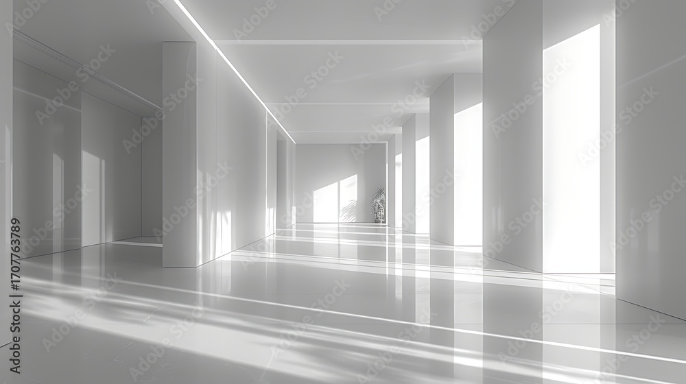 Obraz premium A bright white hallway with light streaming in through windows and reflecting off the shiny floor space