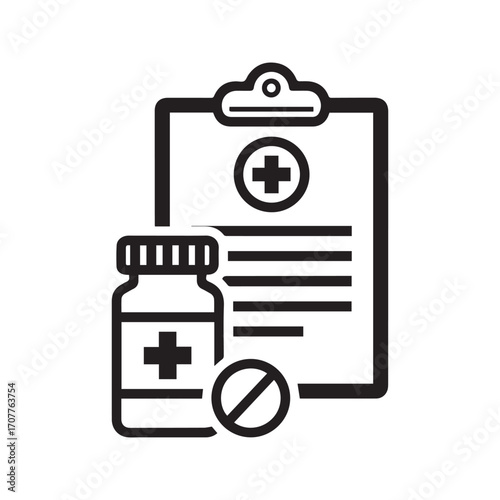 Medical prescription and medication line icon. Vector graphic of a patient's chart, medicine bottle, and pill for healthcare concepts.
