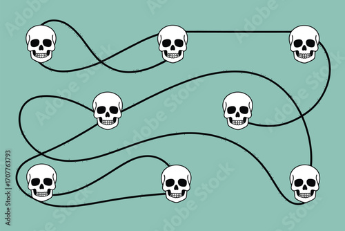 A teal background with a series of skulls connected by black lines in a winding pattern across the surface