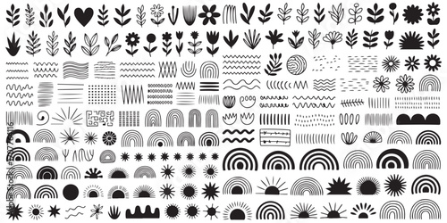 Vector Abstract Boho Clip Art Set. Organic Abstract Collage Element Clipart. Mint, Geometric, Hand Drawn Rainbows, Leaf, Plant, Brushstroke, Shapes and more. Vector illustration