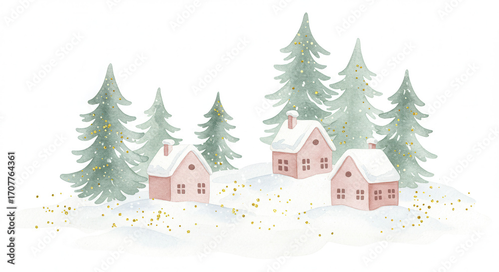 Obraz premium Winter landscape with pink houses and evergreen trees in snowfall 