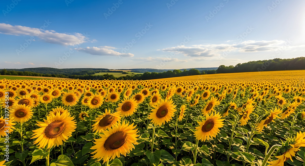 Obraz premium Field of sunflowers under bright summer sky with rolling hills