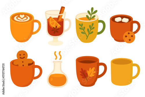 Autumn drinks flat icon set. featuring cappuccino, mulled wine, herbal tea, hot chocolate, gingerbread latte