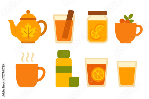 Autumn drinks flat icon set. featuring teapot, glasses, jars, cups, tea, and juice symbols
