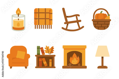 Autumn cozy flat icon set. featuring candle, blanket, rocking chair, basket, armchair, bookshelf, fireplace, lamp.