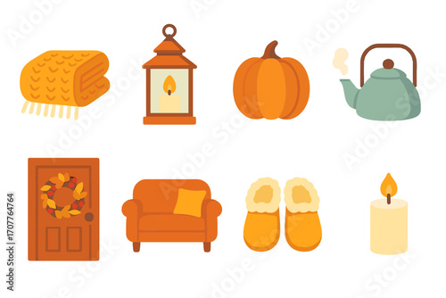 Cozy autumn silhouette icon set. featuring blanket, lantern, pumpkin, kettle, door, sofa, slippers, candle