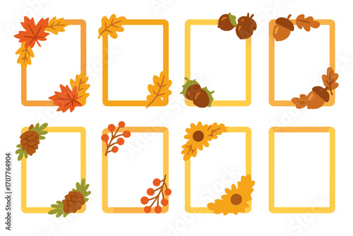 Autumn elements flat icon set. featuring leaves, acorns, pinecones, berries, and sunflowers