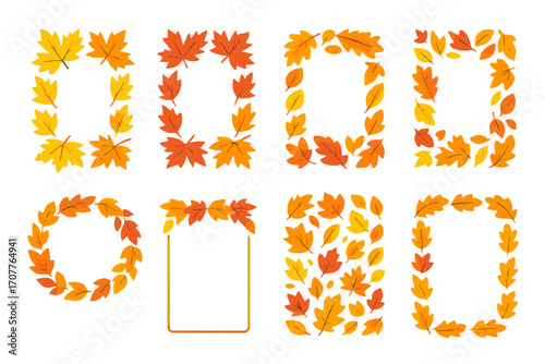 Autumn leaves flat icon set. featuring frames, wreath, foliage, seasonal, fall, decorative, and borders