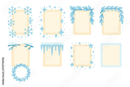 Winter theme flat icon set. featuring snowflake, wreath, icicles, and leaf frame designs