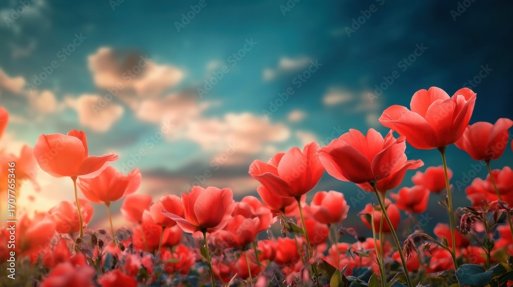 Naklejka premium Vibrant red flowers blooming in a sunset landscape with dramatic clouds