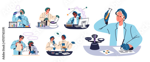 Set of scientists working in laboratory. Chemists do chemical analysis, blood tests in lab. Chemistry and science workers with beakers and equipment. Flat isolated vector illustrations on white