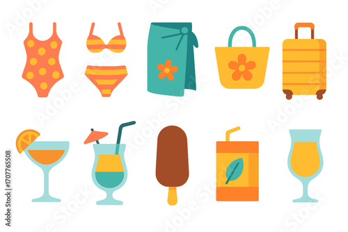 Summer vacation flat icons set. featuring swimsuit, luggage, cocktails, ice cream, towel, and beach bag
