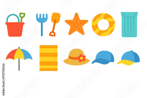 Summer beach silhouette icon set. featuring umbrella, bucket, rake, hat, cap, star, towel, ring, inflatable