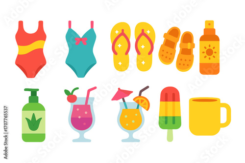 Summer essentials flat icon set. featuring swimsuit, flip-flops, sunscreen, cocktail, popsicle, and sandals symbols