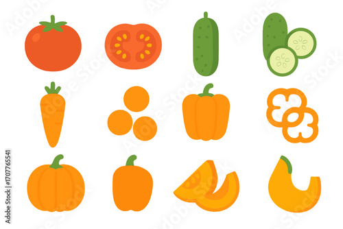 Vegetable flat icon set. featuring tomato, cucumber, carrot, bell pepper, and pumpkin icons
