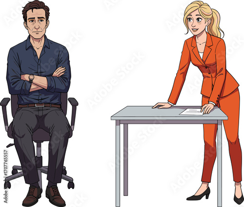 Business professionals in formal attire engaged in workplace interaction, ideal for office dynamics, leadership visuals, and corporate communication themes