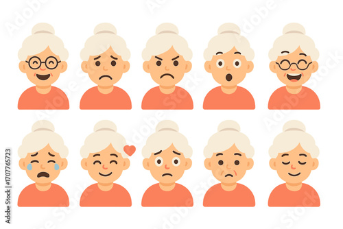 Senior expressions flat icon set. featuring happy, sad, surprised, laughing, crying, worried, thoughtful, confused, calm, and shocked faces