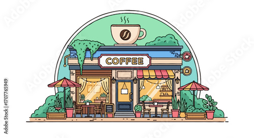A cute flat vector illustration of a cozy coffee shop building with outdoor seating, plants and a big coffee cup sign on the roof