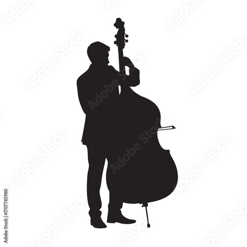 Silhouette of a musician, elegantly dressed in a suit, playing the double bass. This image is perfect for music, jazz, and classical themes.