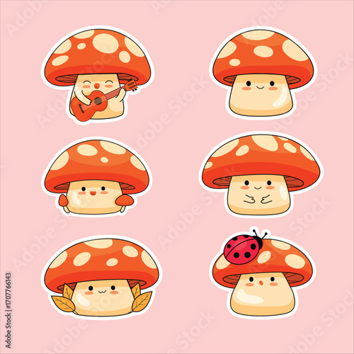 A delightful sticker pack of cute mushroom characters in various poses and moods, perfect for adding a touch of whimsy and nature to your designs, crafts, and digital projects.
