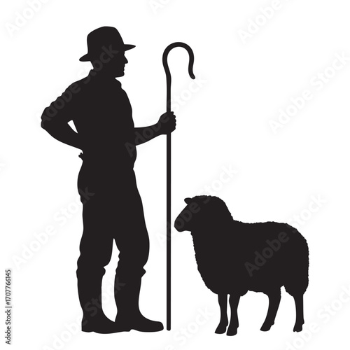 Silhouette of a man dressed as a shepherd, holding a staff, standing next to a sheep. The image is perfect for themes related to farm life, rural culture, and animal care.