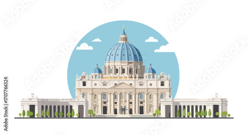 Flat vector illustration of St. Peter’s Basilica with its large dome