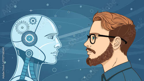 Robot face and human face looking at each other android