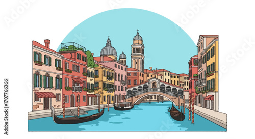 Flat vector illustration of Venice cityscape, canals with gondolas, old Italian houses, bridges, flower pots, churches