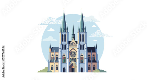 Flat vector illustration of a Gothic cathedral with tall spires and stained-glass windows