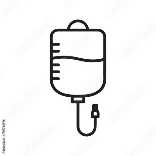 IV drip bag line icon. Vector graphic of intravenous infusion for hospital treatment, therapy, and blood donation.
