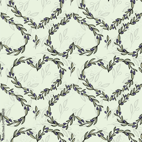 Olive branch heart frame hand drawn leaves seamless pattern for textile design. Simple line art monochrome background