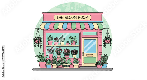 A flat vector illustration of a flower shop with plants and flowers displayed outside, hanging flower pots