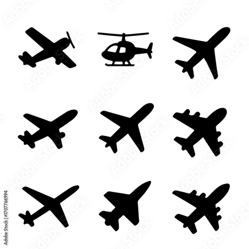 set of vector planes helicopter jet