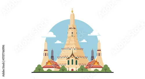 Flat vector illustration of Wat Arun temple with its tall spire
