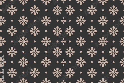 Repeating floral pattern with small dots and cross like shapes on a dark background in a symmetrical design