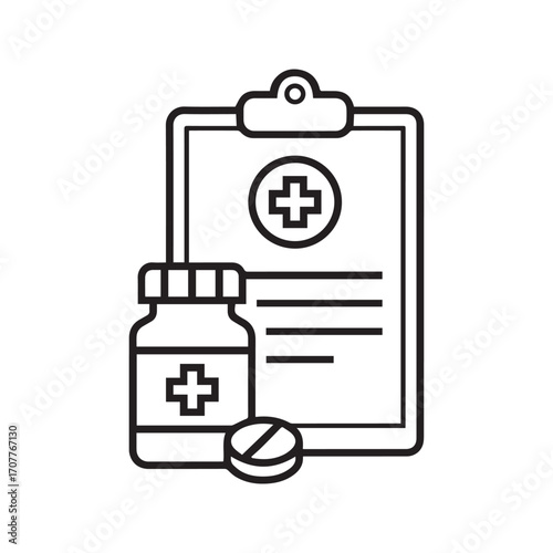Medical prescription and medication line icon. Vector graphic of a patient's chart, medicine bottle, and pill for healthcare concepts.

