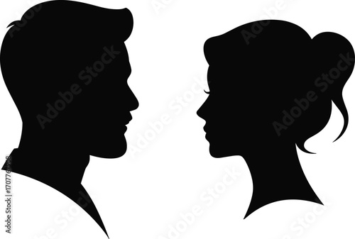 Silhouette of man and woman facing each other, black profile vector, relationship concept, couple art, romantic side view
