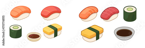 Traditional Japanese sushi set with various fish, egg, and rice varieties served with dipping sauce