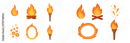 Stylized fire elements with diverse flame shapes, campfires, burning torches, and dynamic fiery sparks