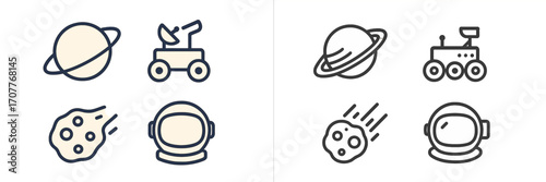 Detailed outer space exploration graphic elements featuring a ringed planet, space rover, meteor, and astronaut helmet