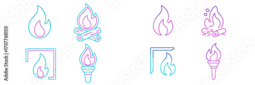 Modern gradient line art fire symbols including campfire, fireplace, and torch for web and app design