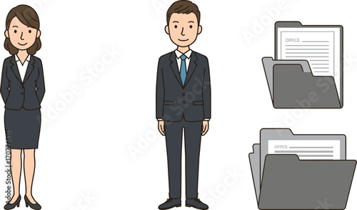 Business professionals and office folders with documents, ideal for workplace attire, corporate roles, and document organization visuals